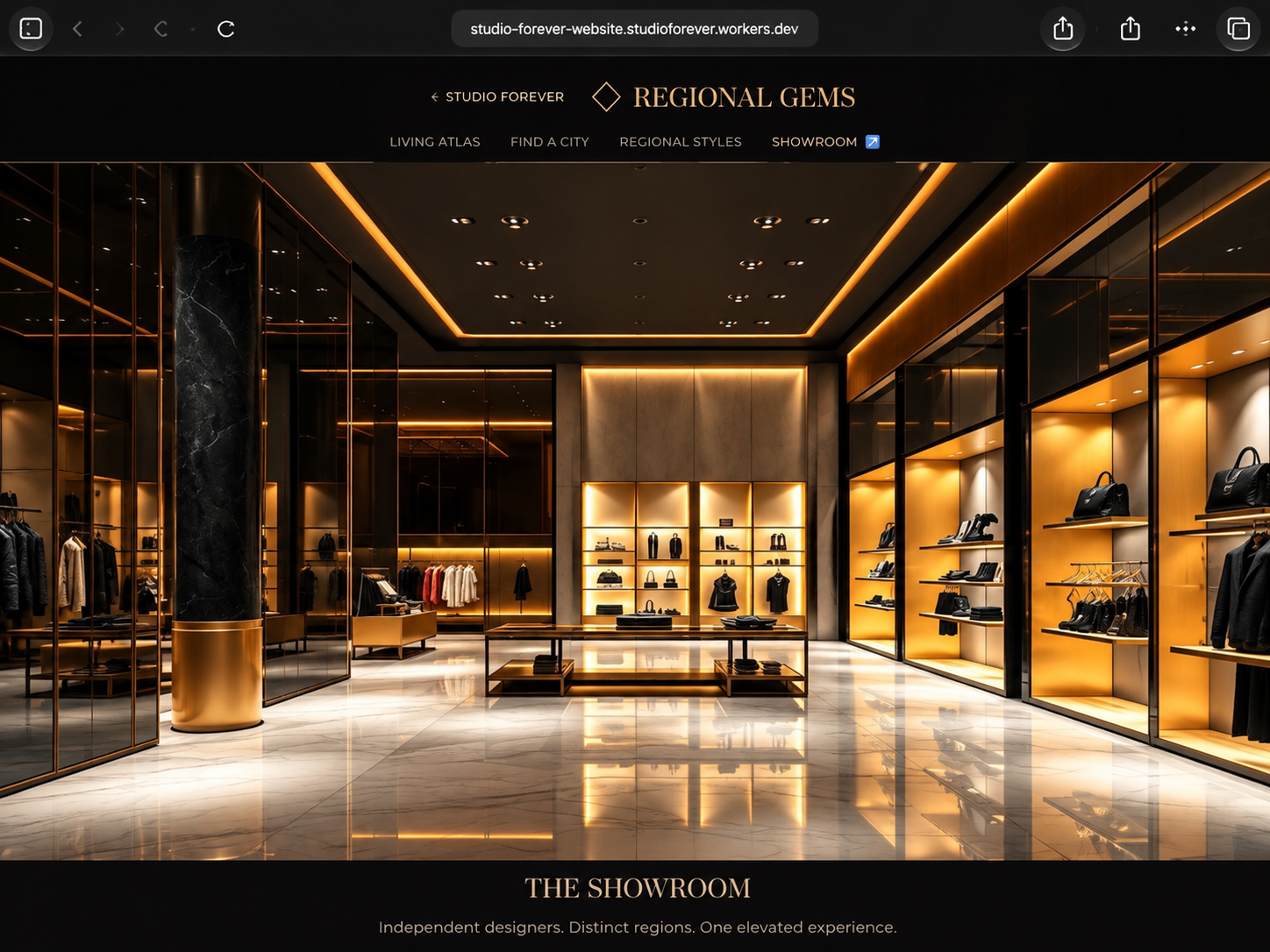 Expansive luxury Regional Gems fashion showroom with illuminated display walls, dark stone and polished marble floors