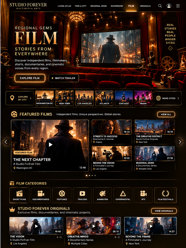 Regional Gems Film discovery menu artwork with cinematic featured-film panels, city selection and film categories
